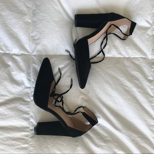 Velvet Stacked Heels with Ankle Tie